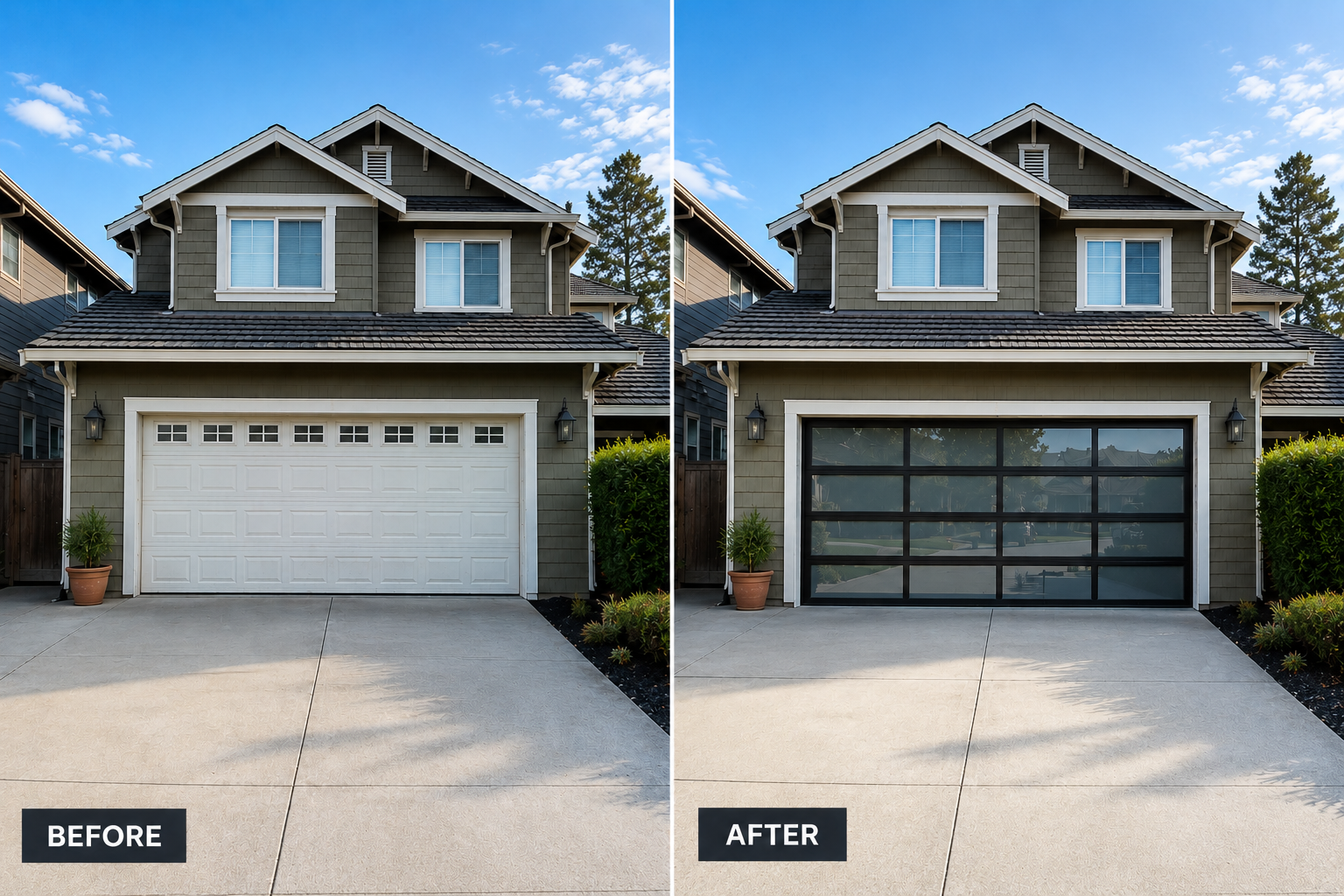 Before and after contemporary steel garage door installation on a gated West Atherton rebuild